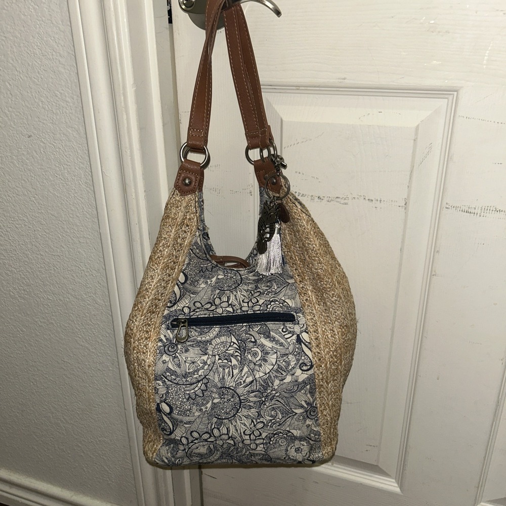 Sakroots Roma Shopper Handbag   Jute And Canvas Preowned Blue Multi Fabric Inset